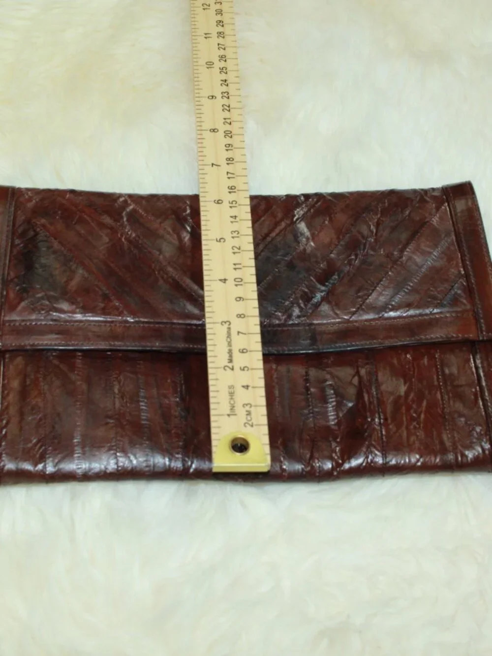 Genuine Eel Skin Burgundy Snap Flap Zip Pockets Organizer Clutch Purse - Vintage